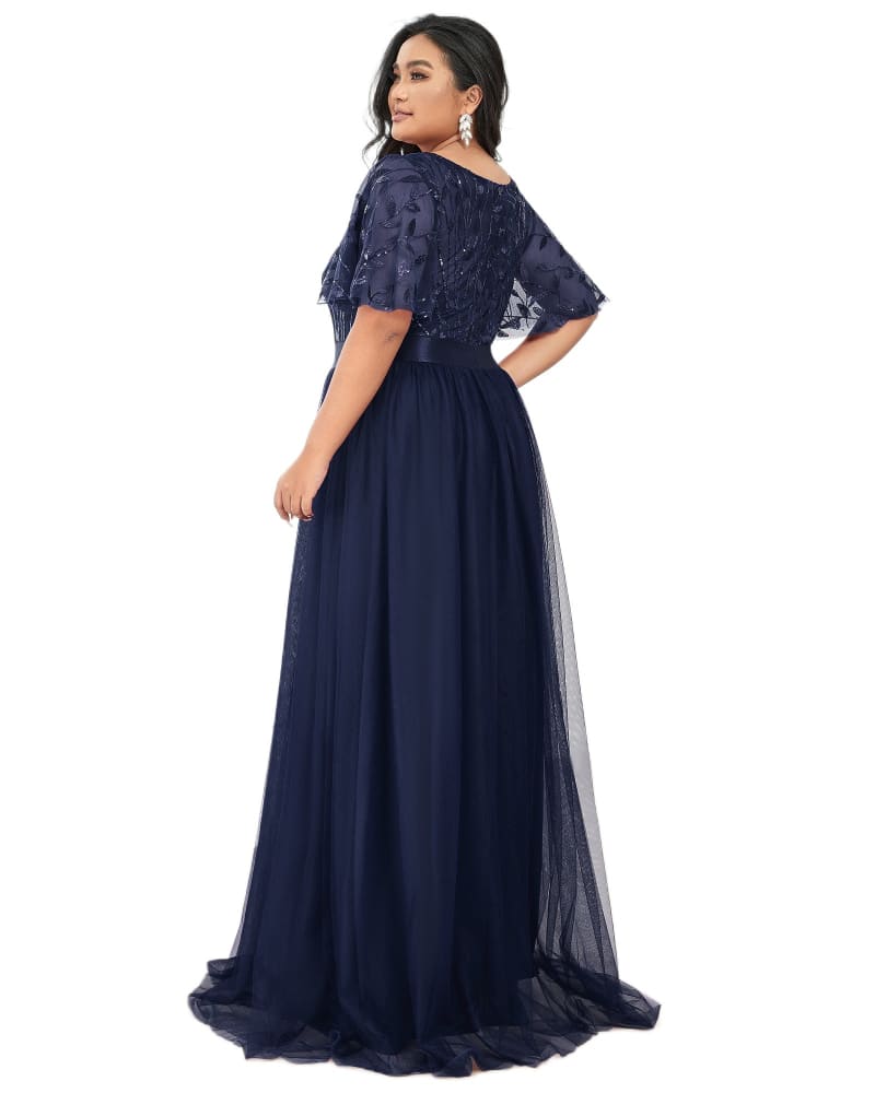 Sequin Leaf Floor length Evening Dress Navy Blue
